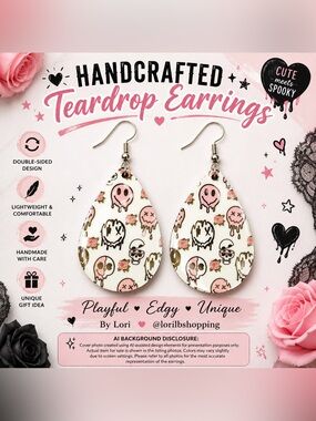 Pink Smiley Skull Teardrop Earrings | Handmade Whimsigoth Dangle Earrings
